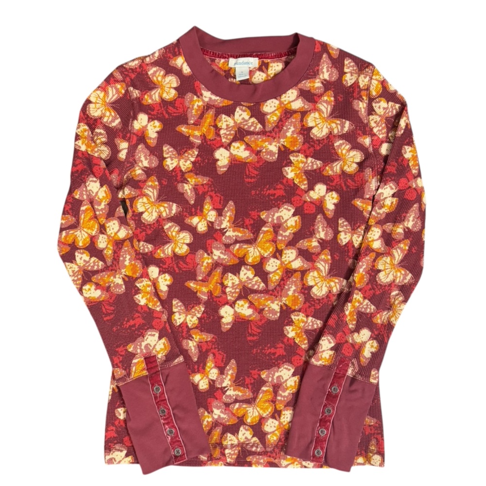 Sundance Butterfly Thermal Knit Top Button Sleeve Boho Waffle Shirt Sz S